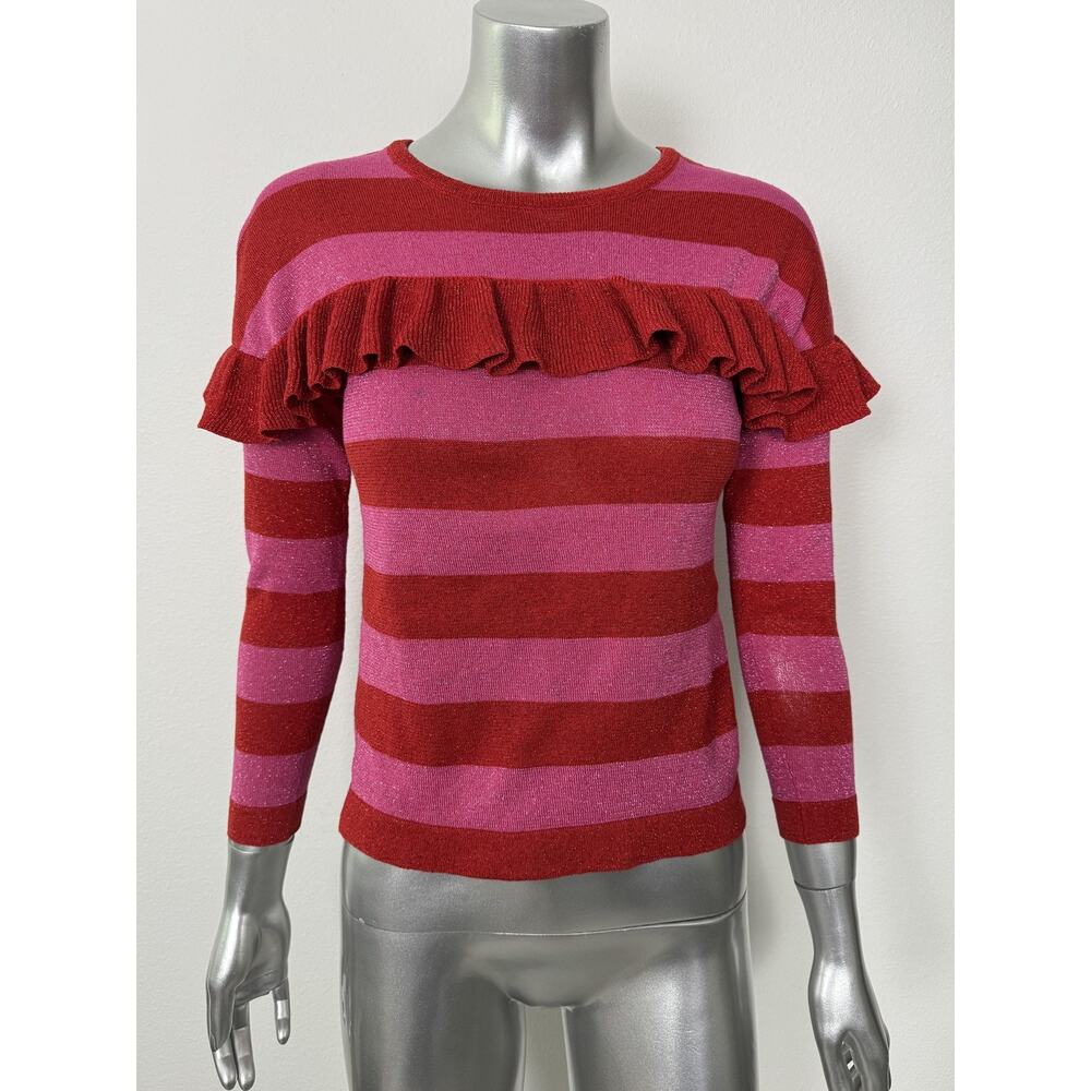 Kate Spade Sweater Womens 8 Red Pink Striped Ruffle Metallic Sparkle Christmas